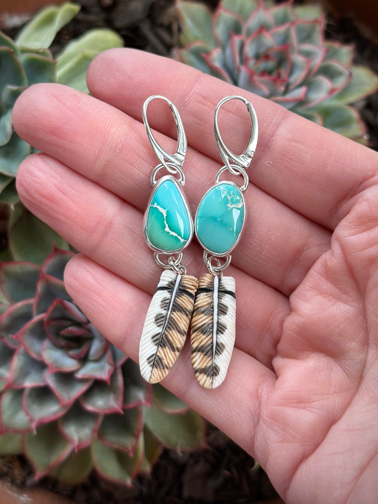 Fox and Emerald Valley Turquoise + Laura Mears Owl Feather Leverback Earrings