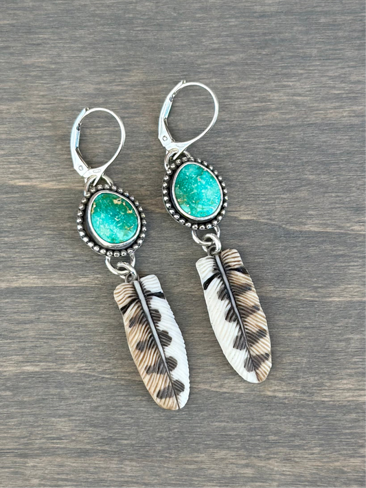 Sonoran Turquoise + Laura Mears Owl Feather Leverback Earrings in Green
