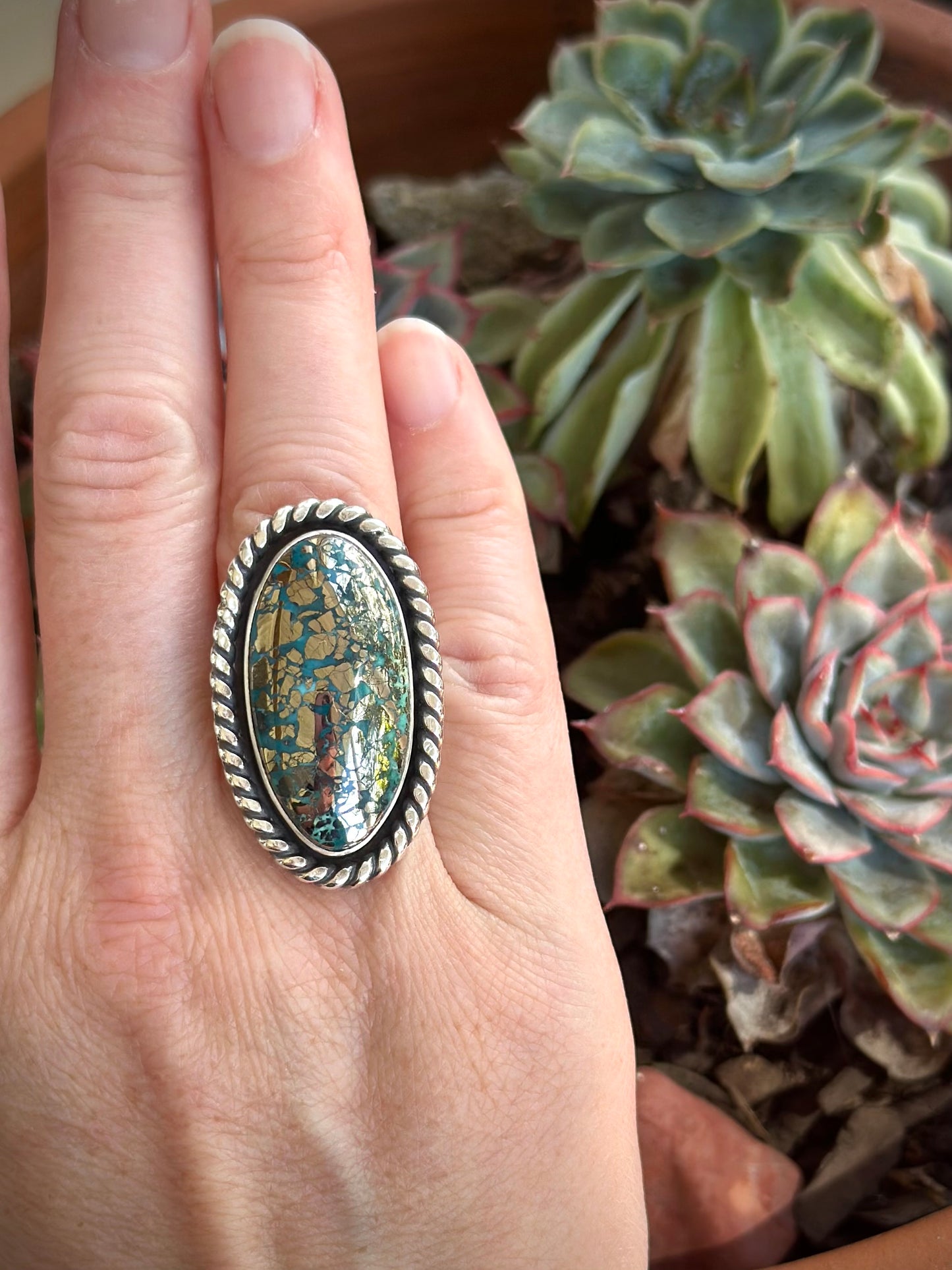 Morenci 2 Turquoise Twist Pyrite Loaded Ring in size 6.75