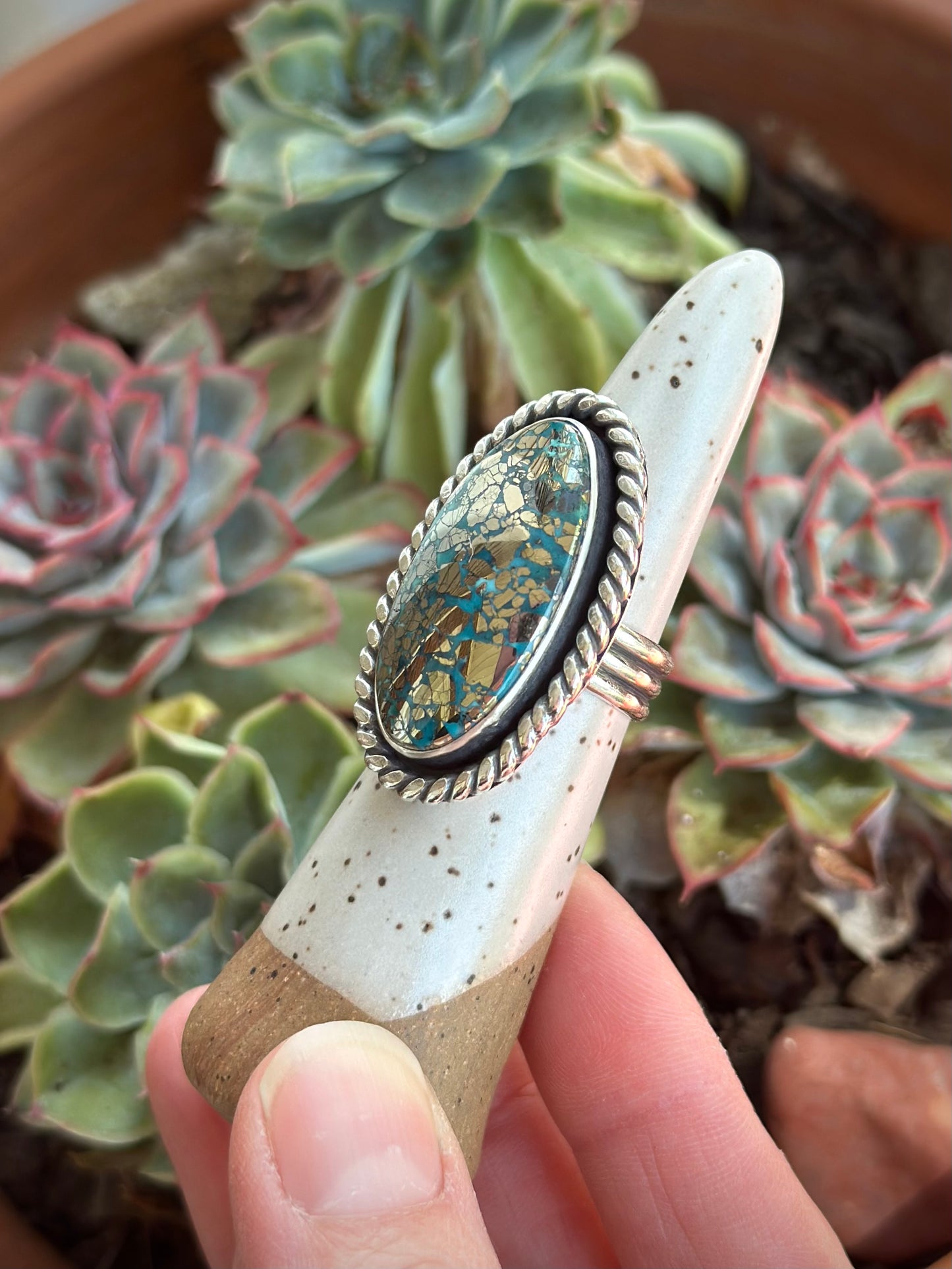 Morenci 2 Turquoise Twist Pyrite Loaded Ring in size 6.75