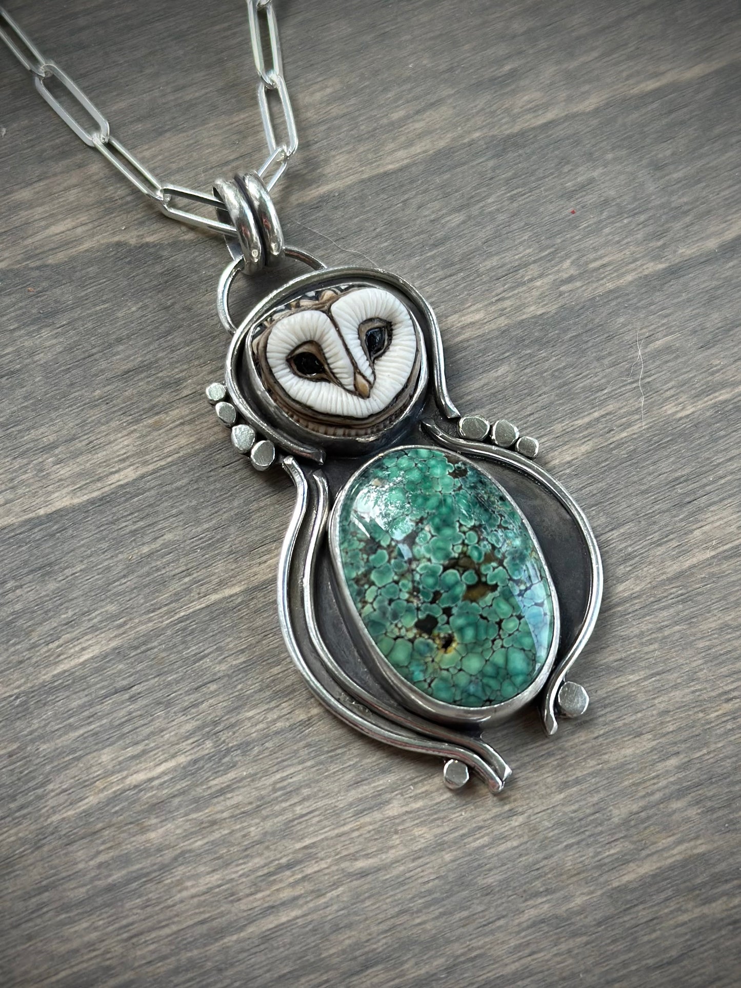 C+T Variscite + Laura Mears Owl Face Pendant