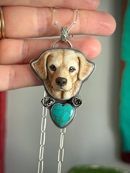 Laura Mears Golden Retriever Labrador Pendant with Heart + Succulents