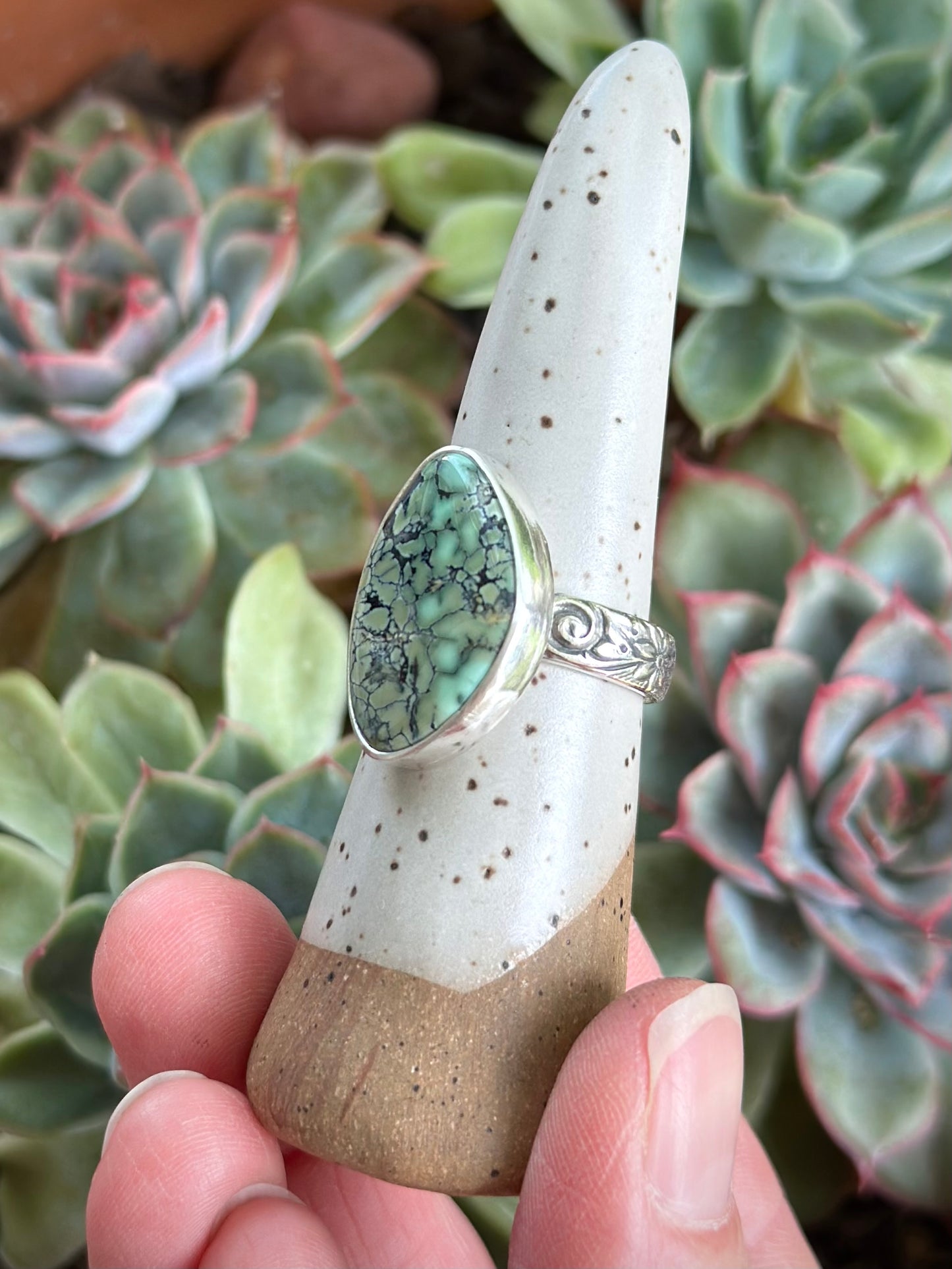 Nautilus Variscite Ring size 8.75 Swirl Flower Band