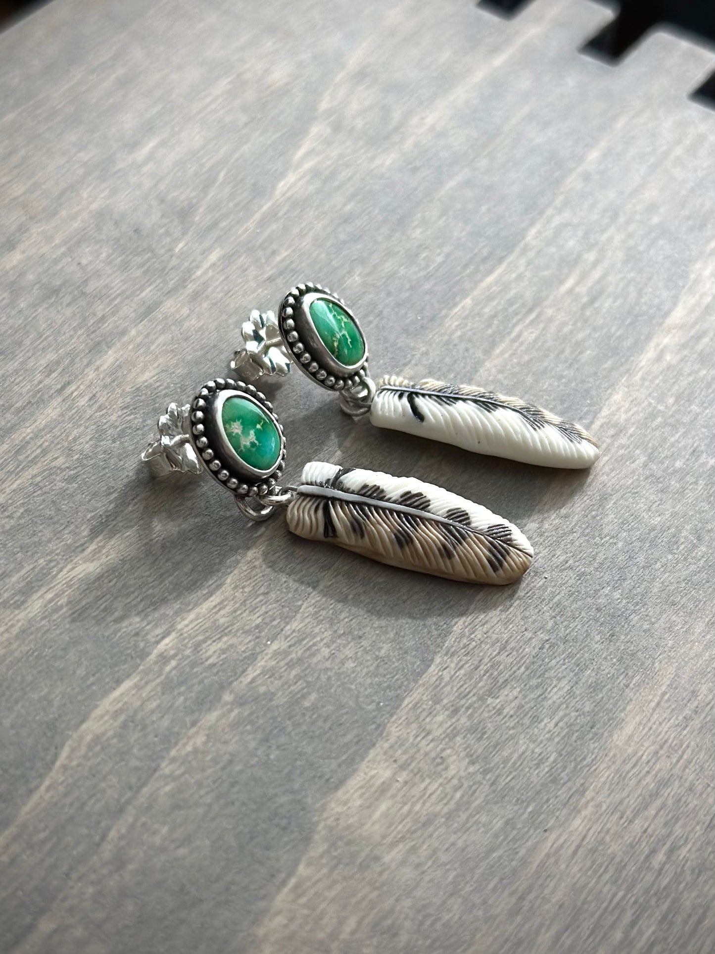 Sonoran Turquoise + Laura Mears Owl Feather Stud Earrings in Green