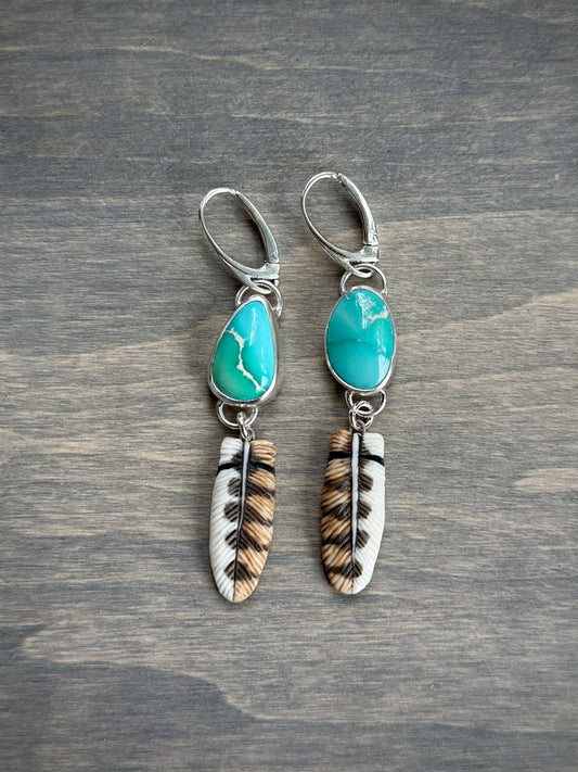 Fox and Emerald Valley Turquoise + Laura Mears Owl Feather Leverback Earrings