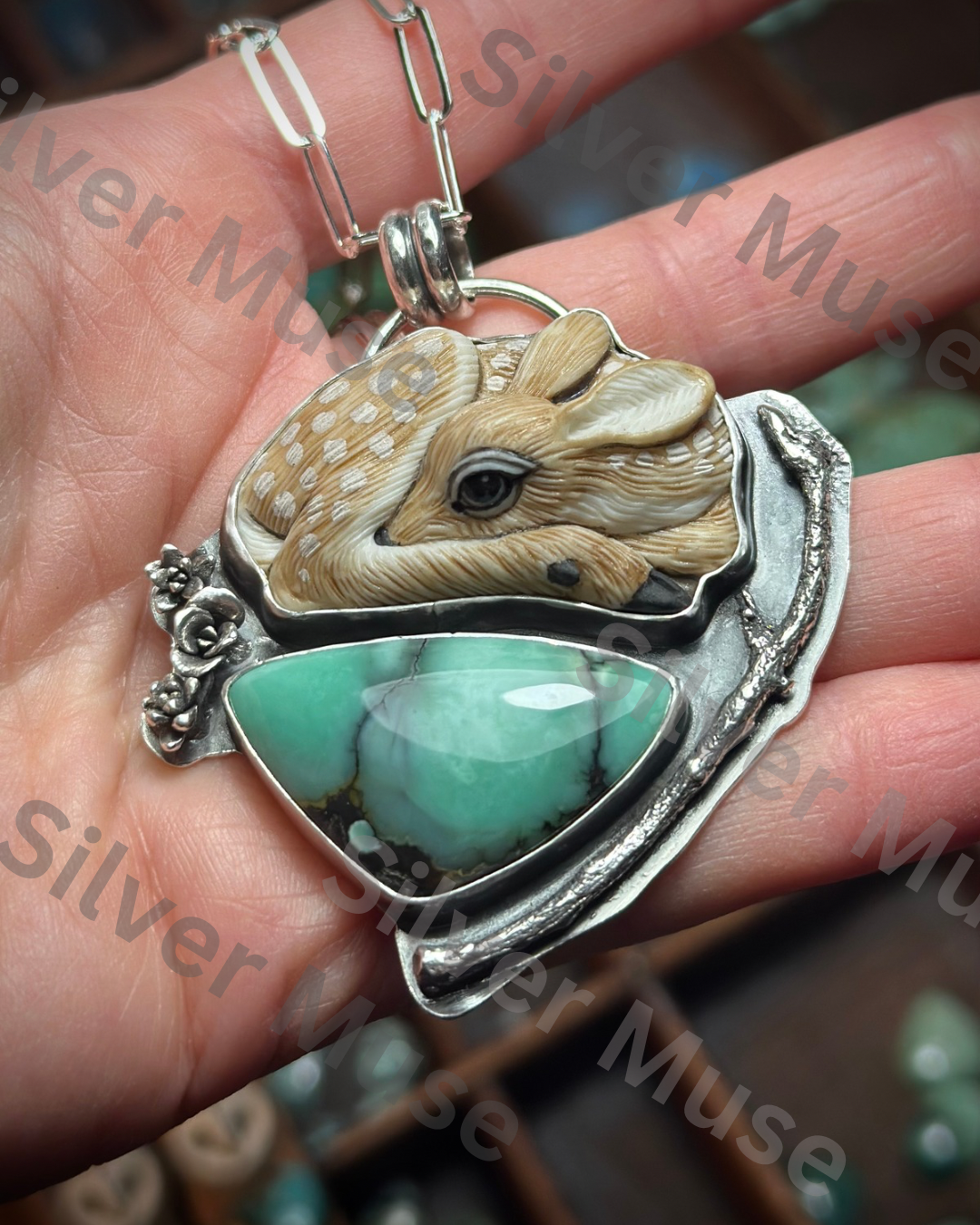 Laura Mears Fawn in the Forest Pendant Desert Bloom Variscite