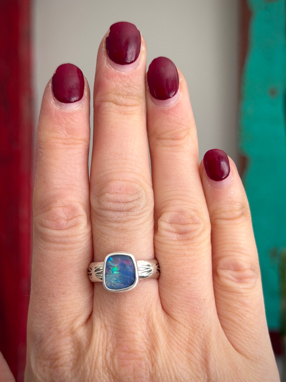 Coober Pedy Opal Ring Square size 9.25 STAMPED BAND