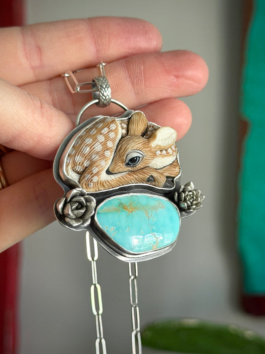 As Is Royston Turquoise Laura Mears Fawn Pendant with Succulents