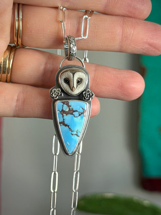 Golden Hills Turquoise Laura Mears Owl Pendant with Succulents