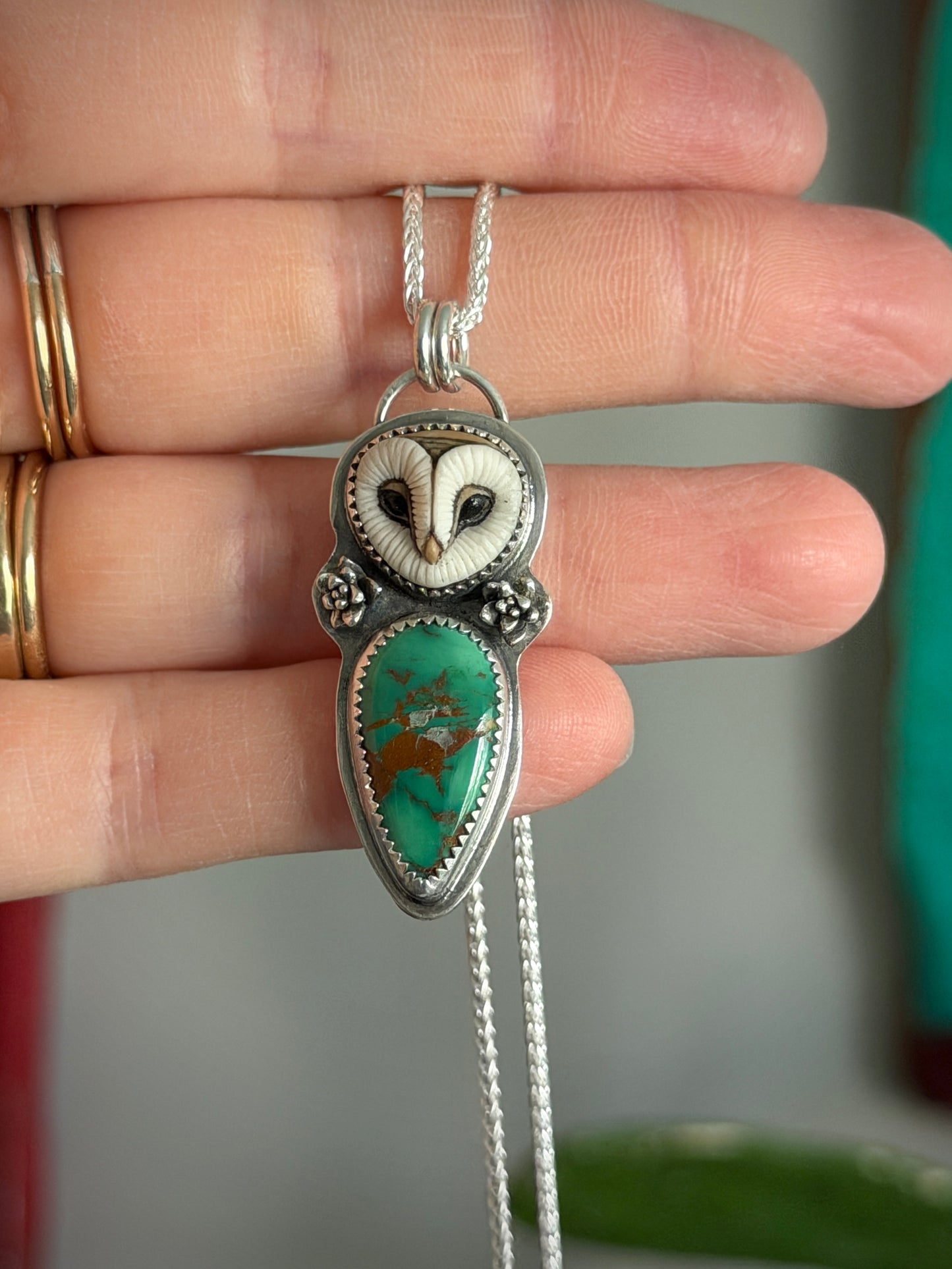 Laura Mears Owl Pendant with Turquoise in Green + Succulents