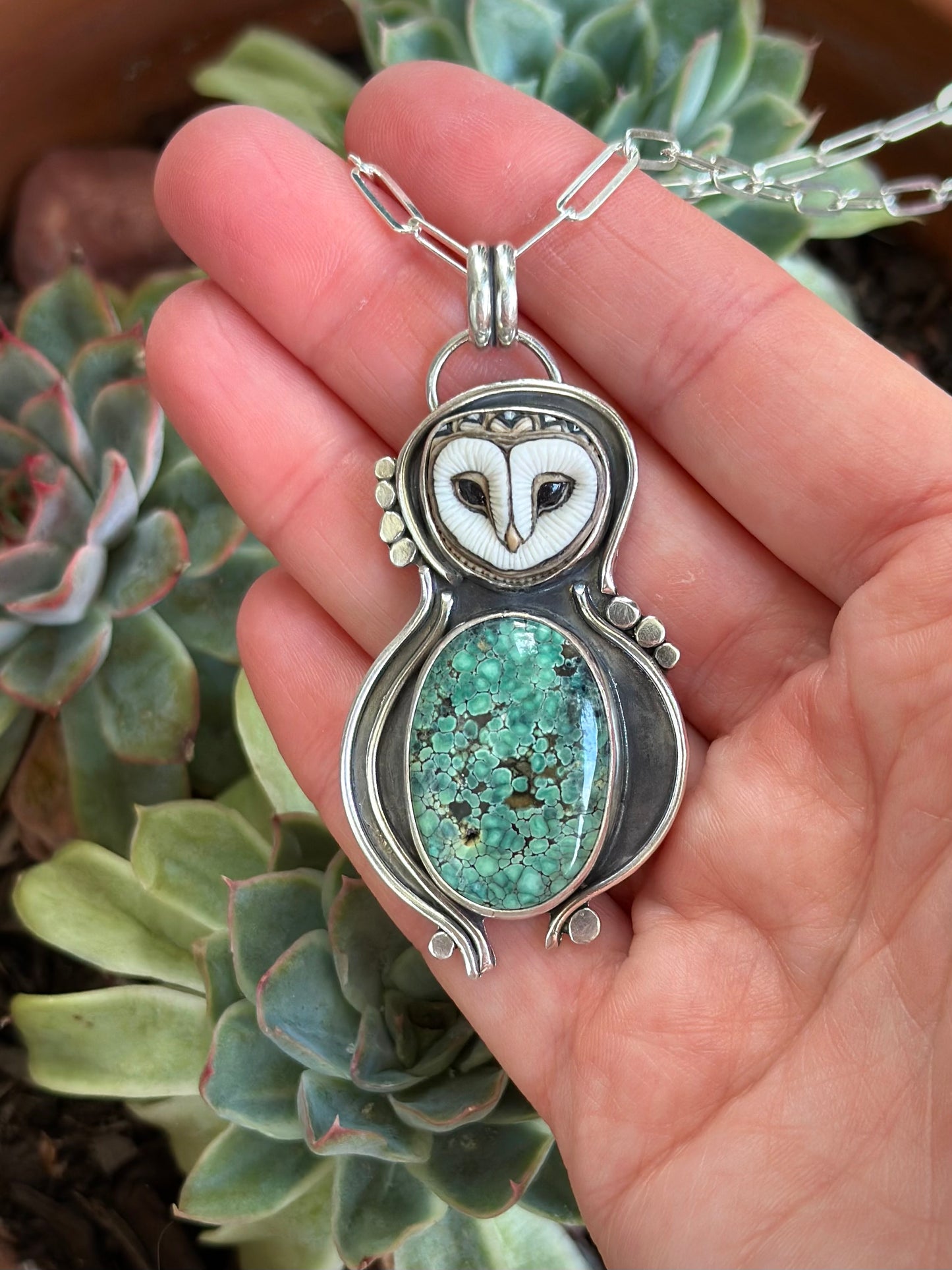 C+T Variscite + Laura Mears Owl Face Pendant