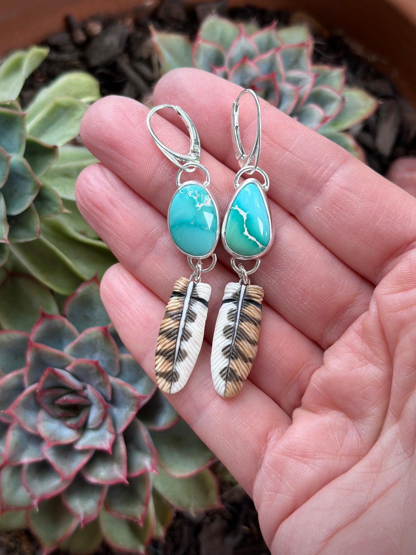 Fox and Emerald Valley Turquoise + Laura Mears Owl Feather Leverback Earrings