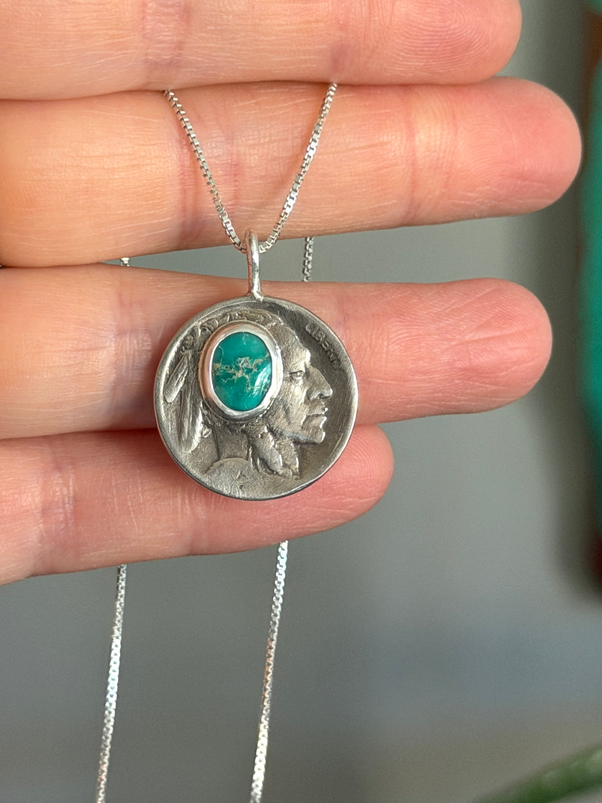 Indian Head Buffalo Nickel Emerald Valley Turquoise Necklace 1923