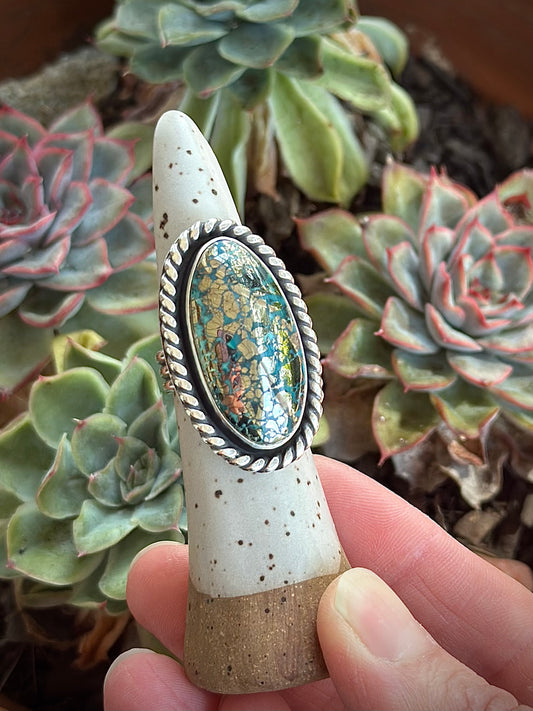 Morenci 2 Turquoise Twist Pyrite Loaded Ring in size 6.75