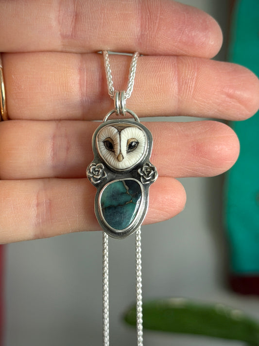 Laura Mears Owl Pendant with Blueboy Variscite + Succulents