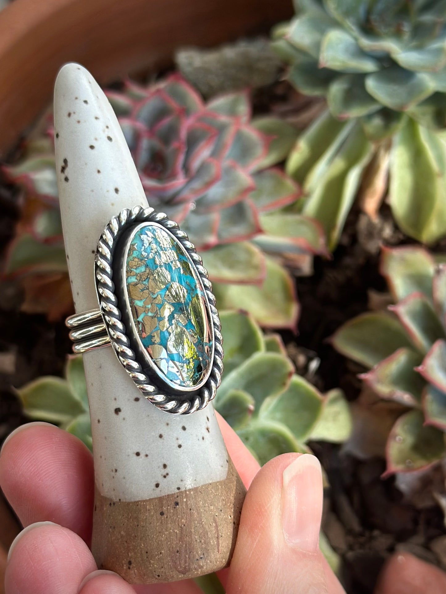 Morenci 2 Turquoise Twist Pyrite Loaded Ring in size 8