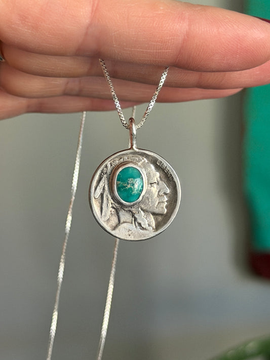 Indian Head Buffalo Nickel Emerald Valley Turquoise Necklace 1923