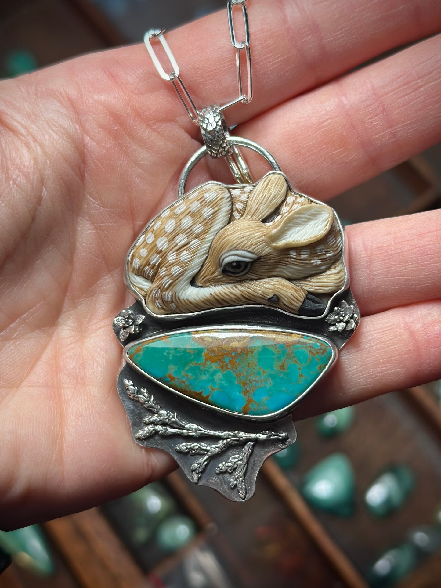Laura Mears Fawn in the Forest Pendant Rising Phoenix Turquoise