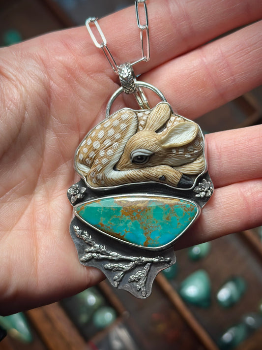 Laura Mears Fawn in the Forest Pendant Rising Phoenix Turquoise