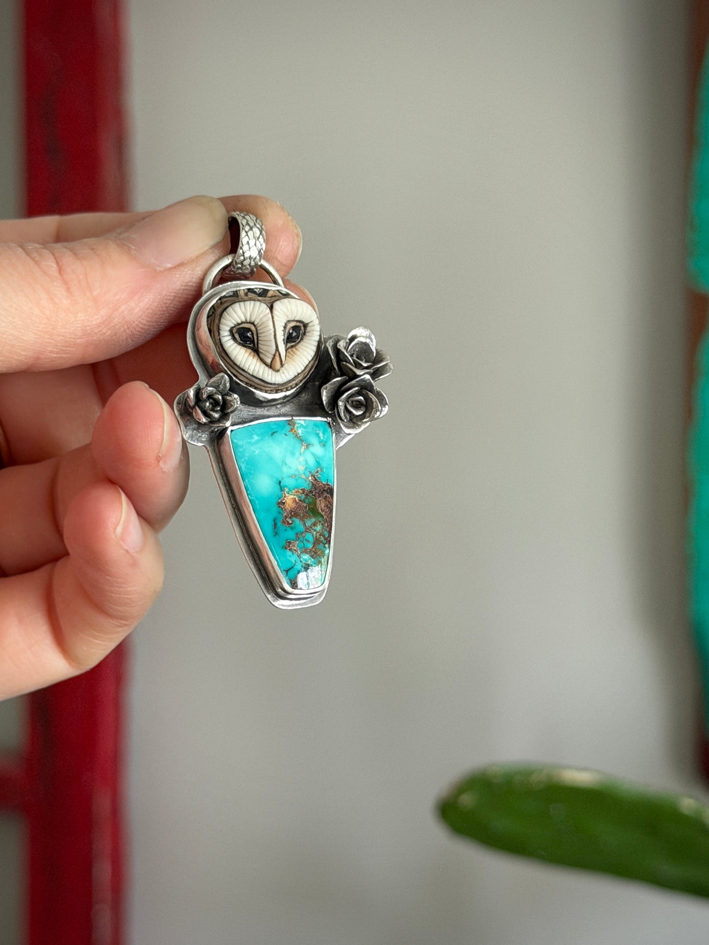 High Grade Royston Turquoise Laura Mears Owl Pendant with Succulents
