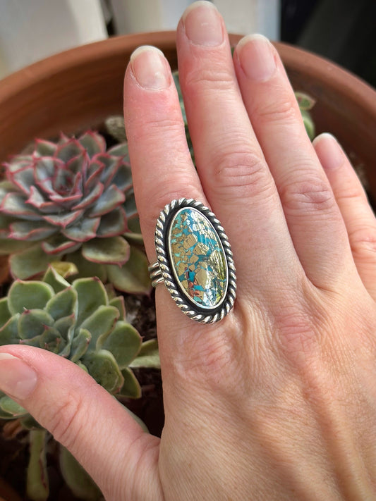 Morenci 2 Turquoise Twist Pyrite Loaded Ring in size 8