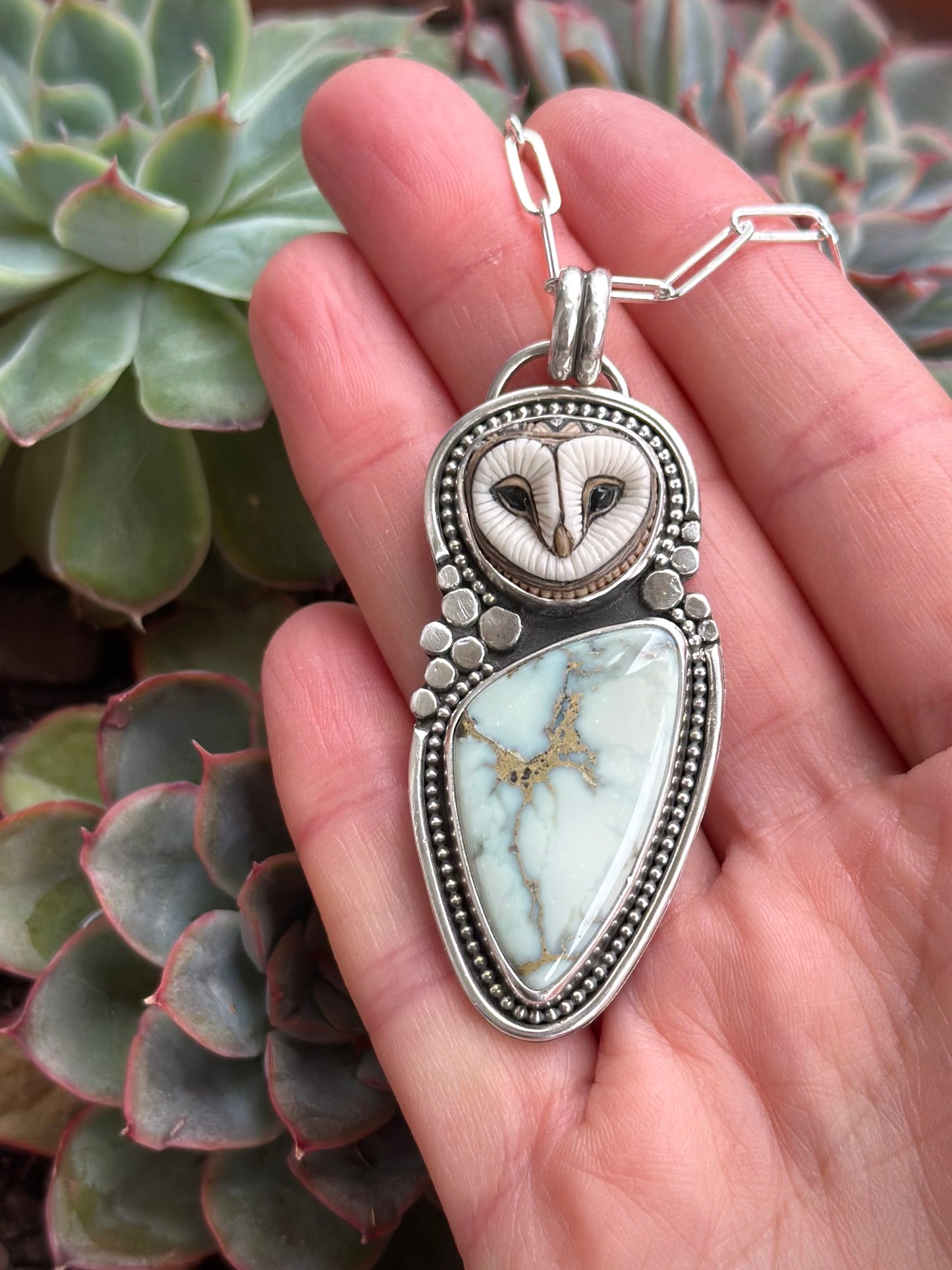 Emerald Basin Variscite + Laura Mears Owl Face Pendant Large