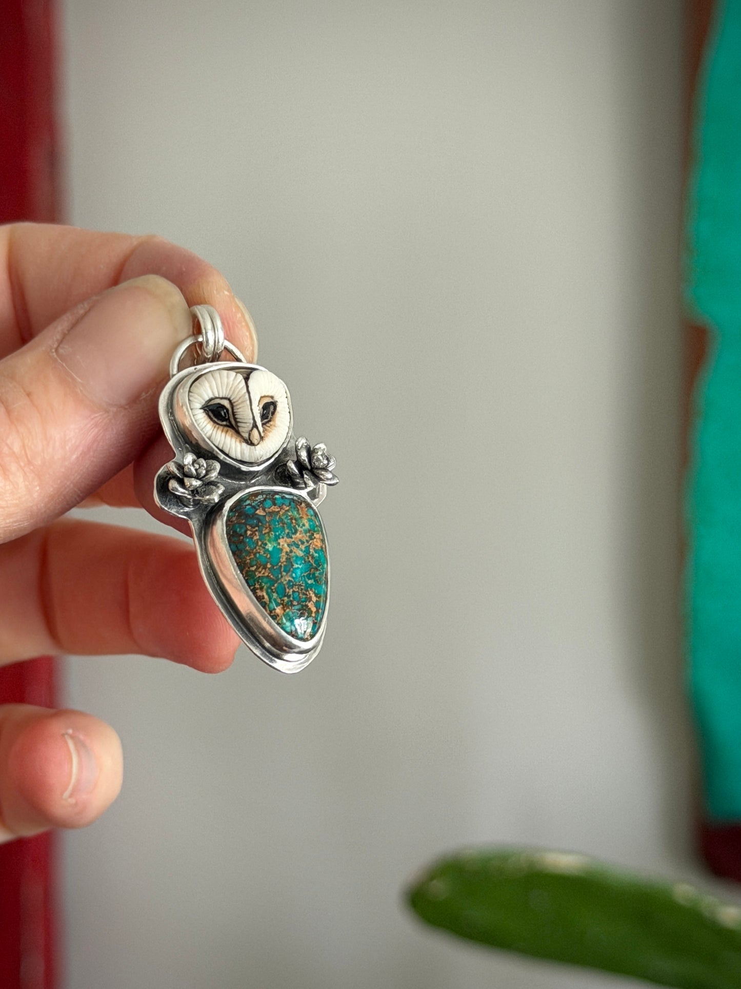 Patagonia Turquoise Laura Mears Owl Pendant with Succulents in Green