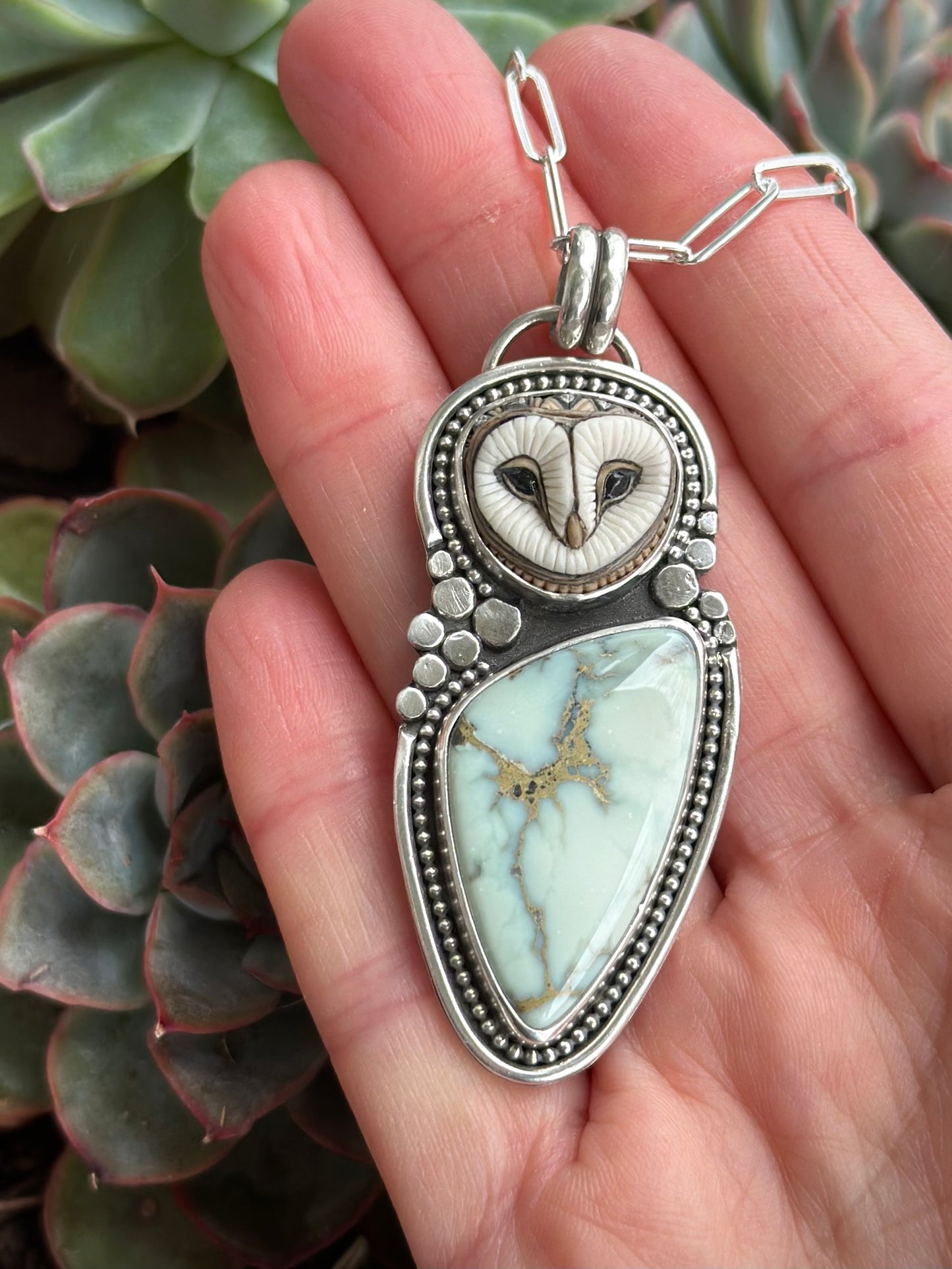 Emerald Basin Variscite + Laura Mears Owl Face Pendant Large