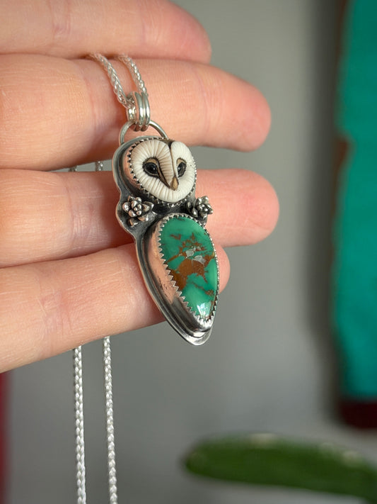 Laura Mears Owl Pendant with Turquoise in Green + Succulents