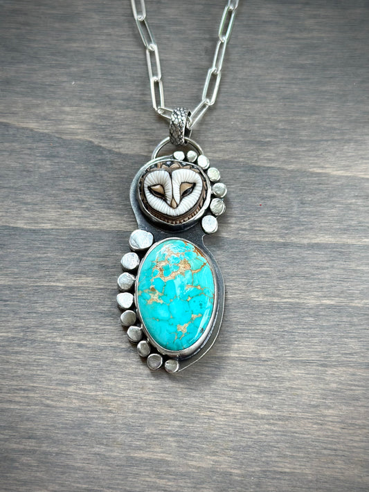 Royston Turquoise + Laura Mears Owl Face Pendant