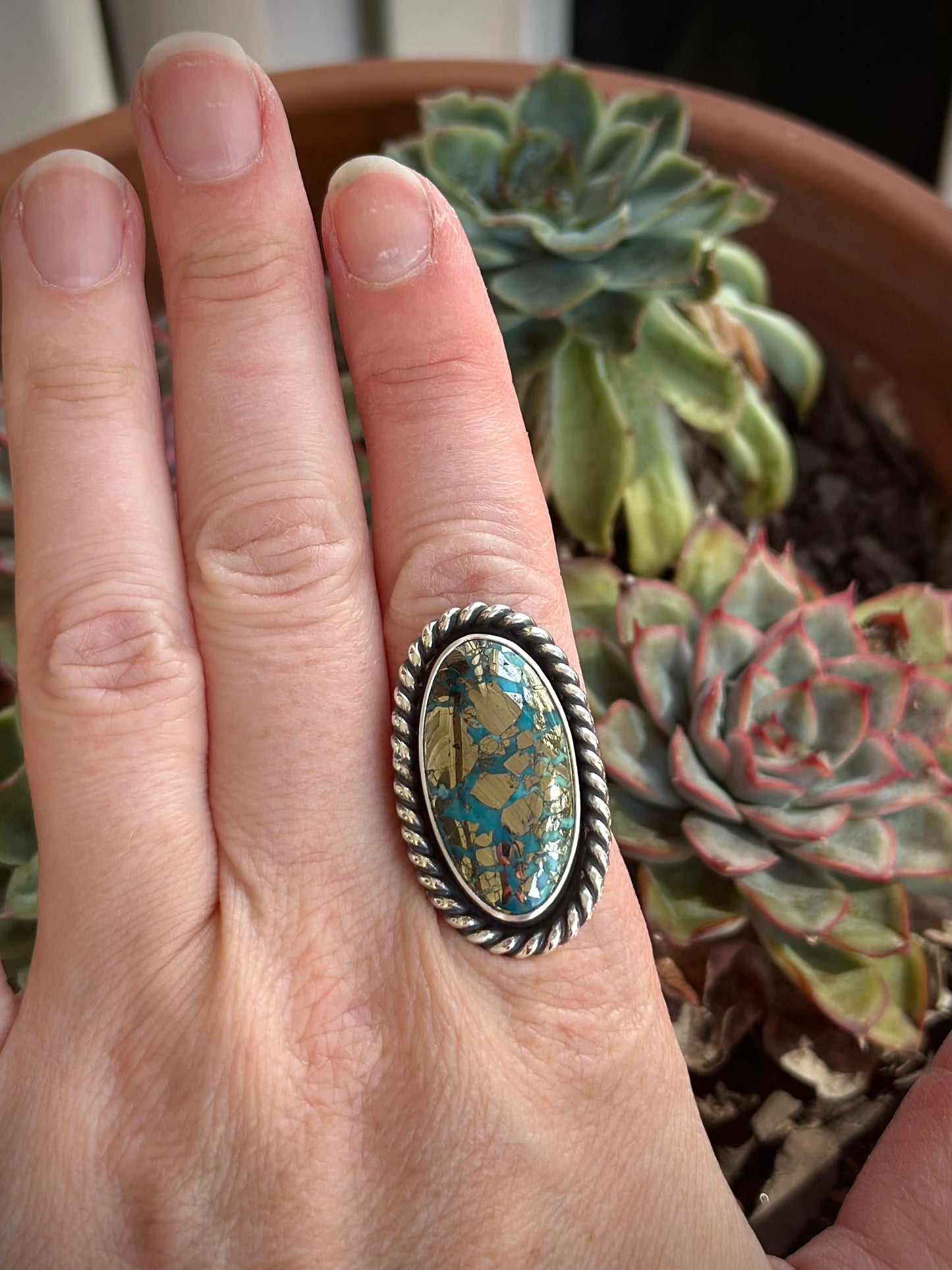 Morenci 2 Turquoise Twist Pyrite Loaded Ring in size 8
