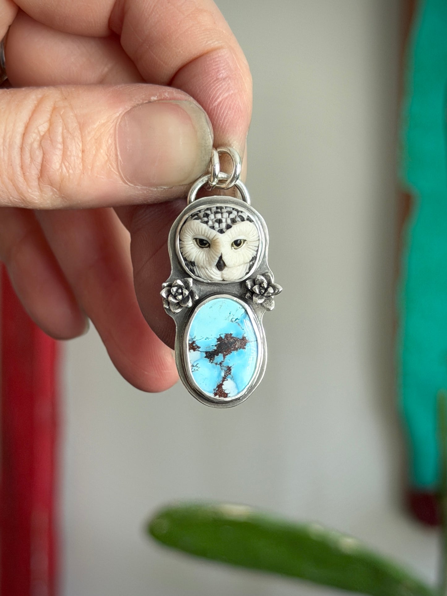 Golden Hills Turquoise Laura Mears Snowy Owl Pendant with Succulents