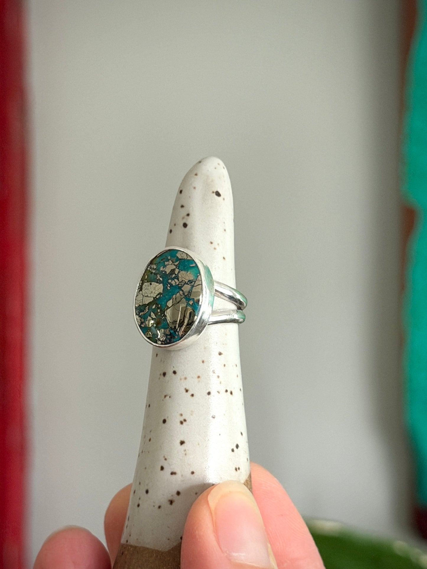 Morenci 2 Turquoise Ring with Pyrite size 4.75