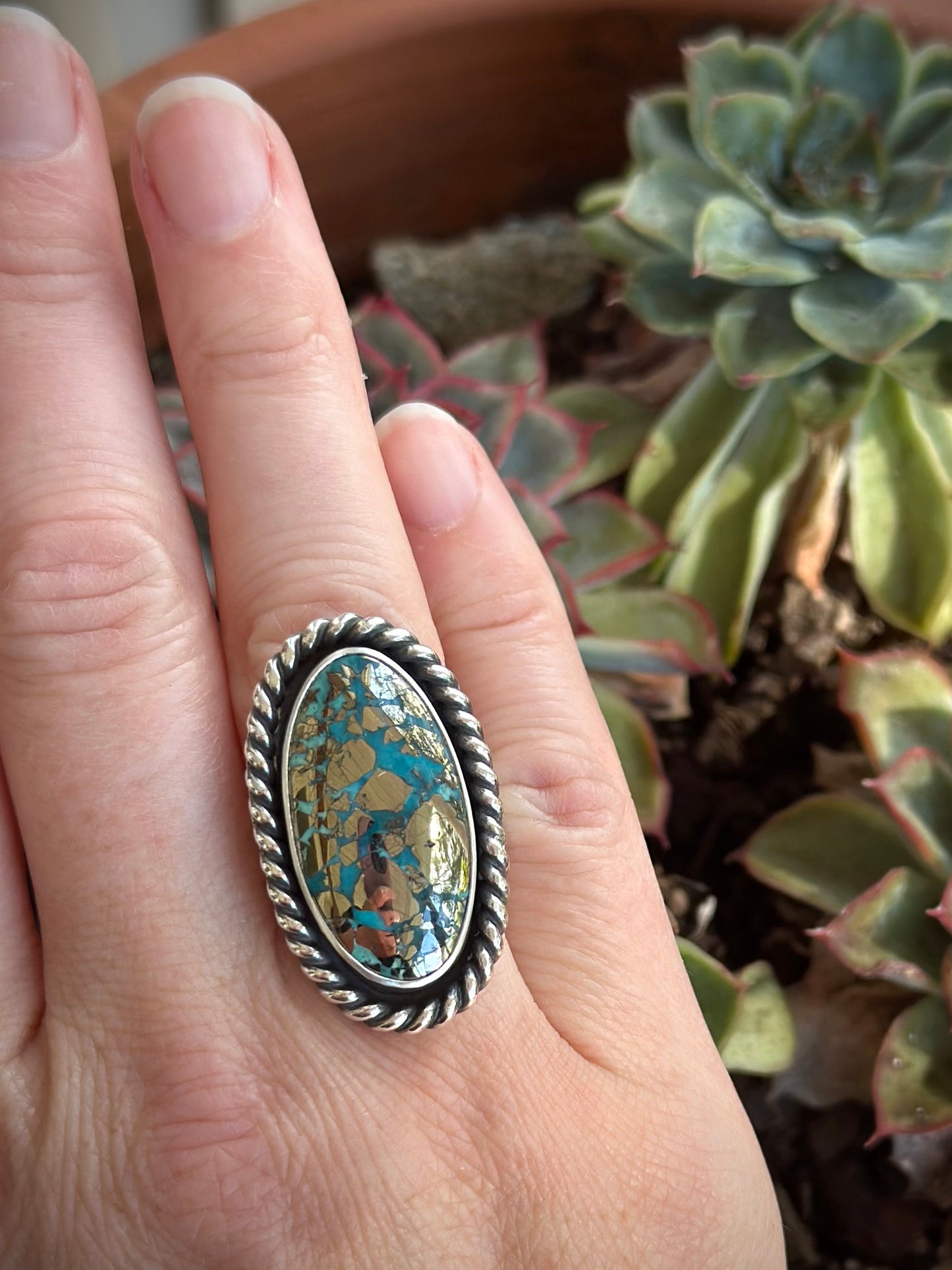 Morenci 2 Turquoise Twist Pyrite Loaded Ring in size 8