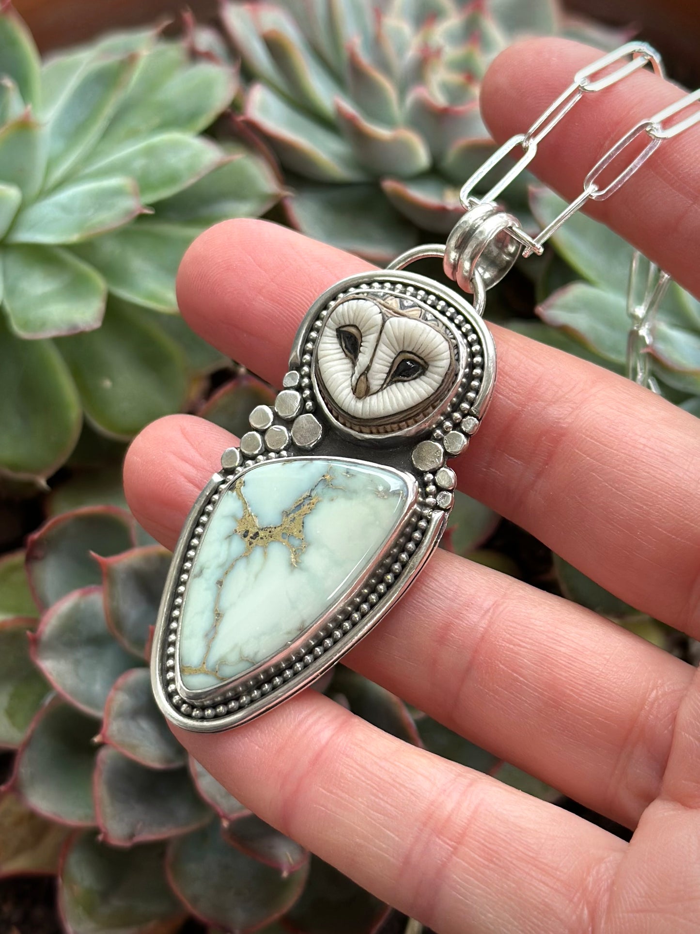 Emerald Basin Variscite + Laura Mears Owl Face Pendant Large