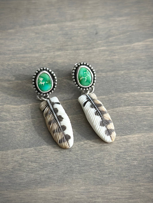 Sonoran Turquoise + Laura Mears Owl Feather Stud Earrings in Green