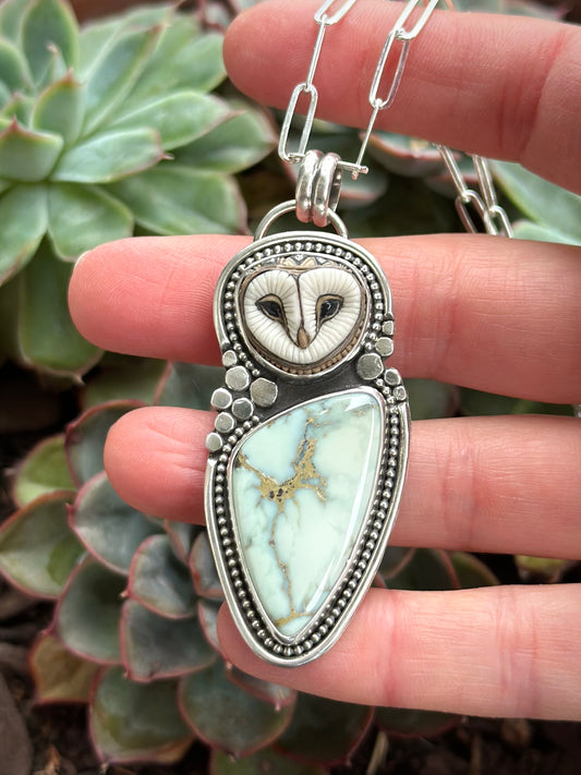 Emerald Basin Variscite + Laura Mears Owl Face Pendant Large