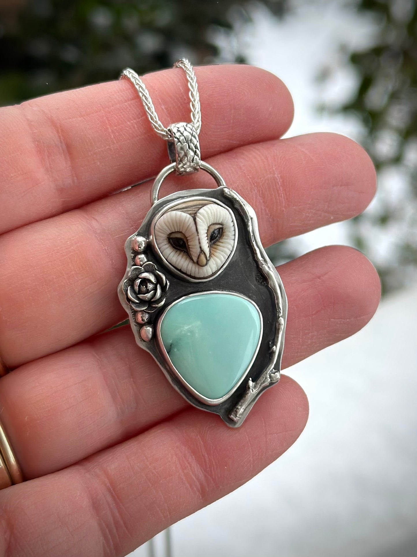 Minty Desert Bloom Variscite + Laura Mears Owl Face Pendant v3