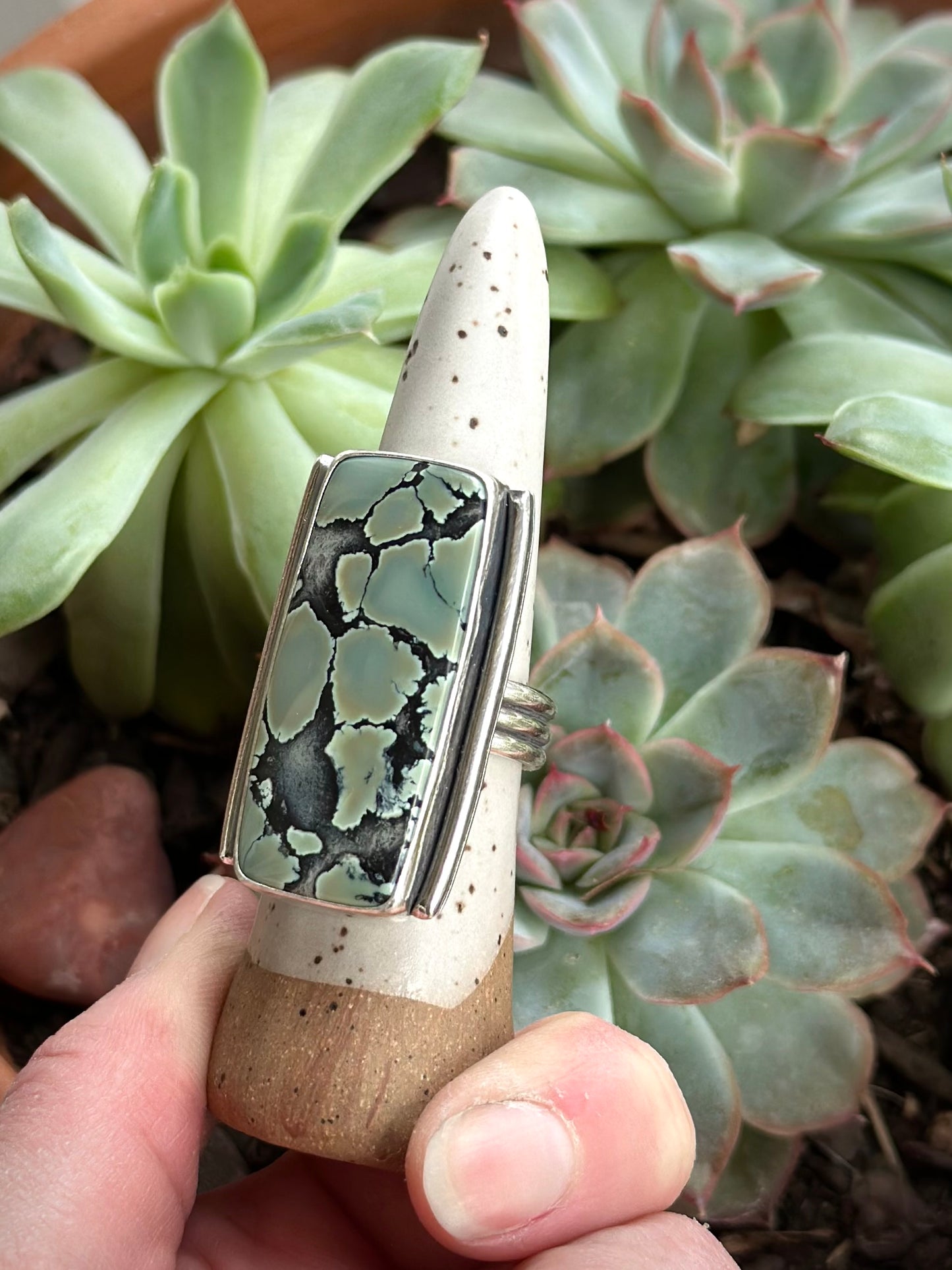 Nautilus Variscite Olive Art Deco Ring in size 9.5