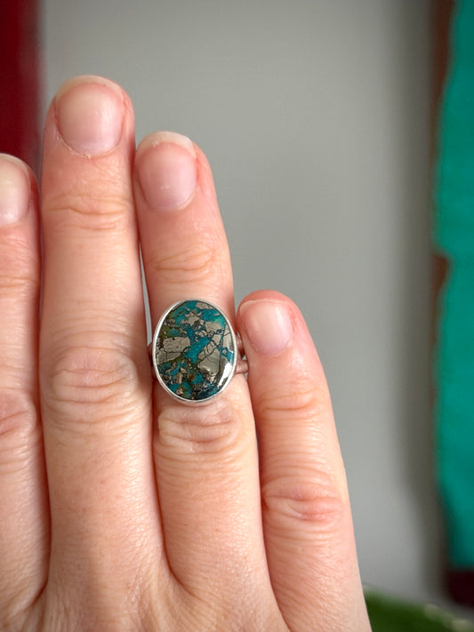 Morenci 2 Turquoise Ring with Pyrite size 4.75
