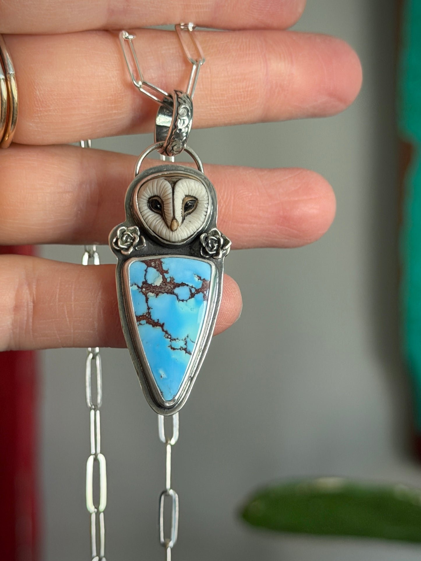 Golden Hills Turquoise Laura Mears Owl Pendant with Succulents