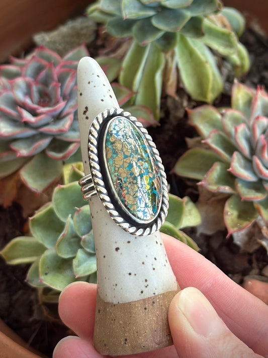 Morenci 2 Turquoise Twist Pyrite Loaded Ring in size 6.75