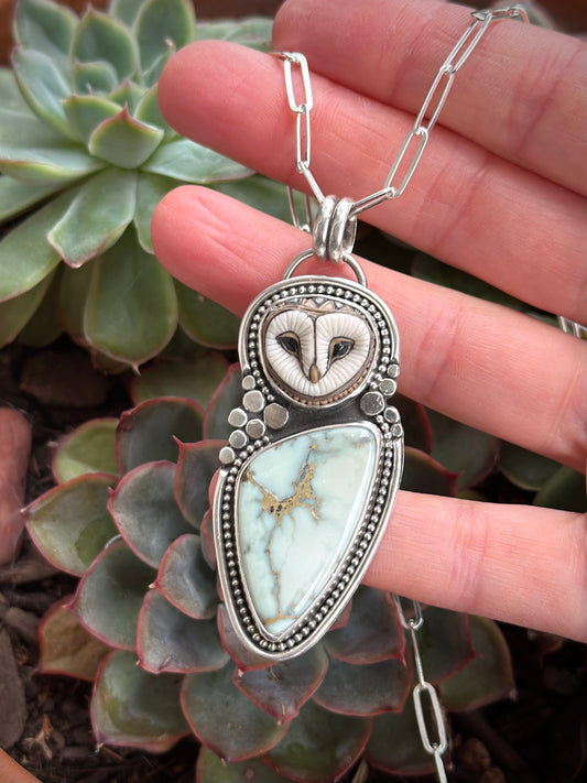 Emerald Basin Variscite + Laura Mears Owl Face Pendant Large