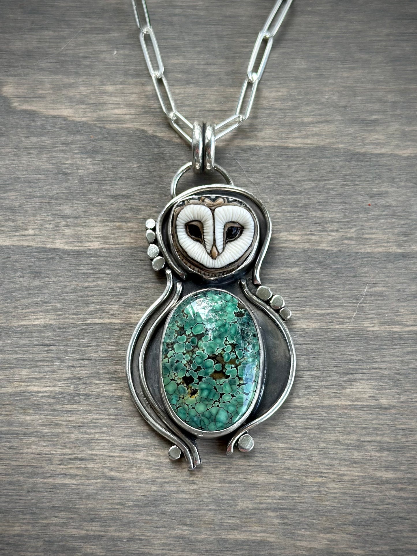 C+T Variscite + Laura Mears Owl Face Pendant