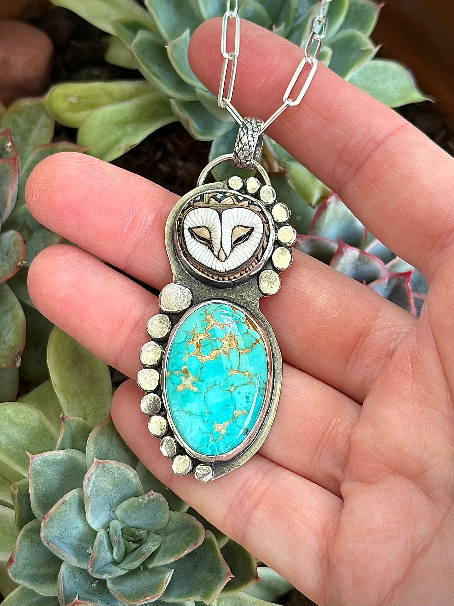 Royston Turquoise + Laura Mears Owl Face Pendant