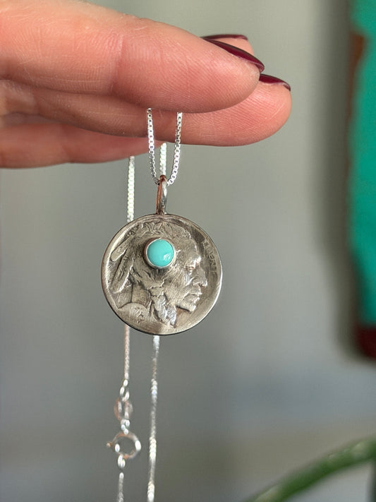 Indian Head Buffalo Nickel Fox Turquoise Necklace 1923