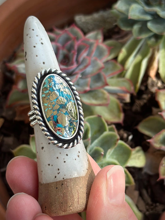 Morenci 2 Turquoise Twist Pyrite Loaded Ring in size 8