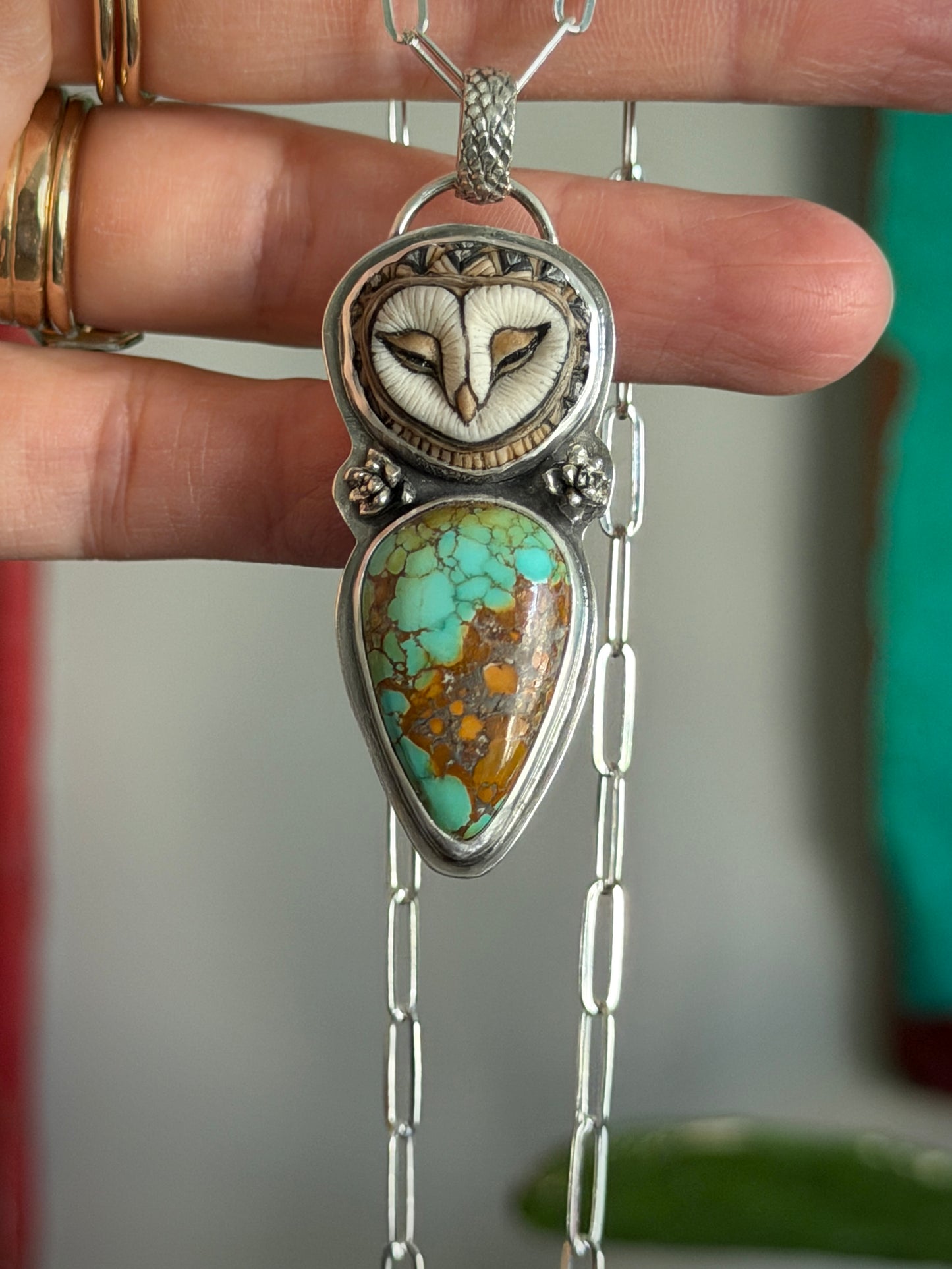 Laura Mears Sleeping Owl Pendant with Thunderbird Turquoise