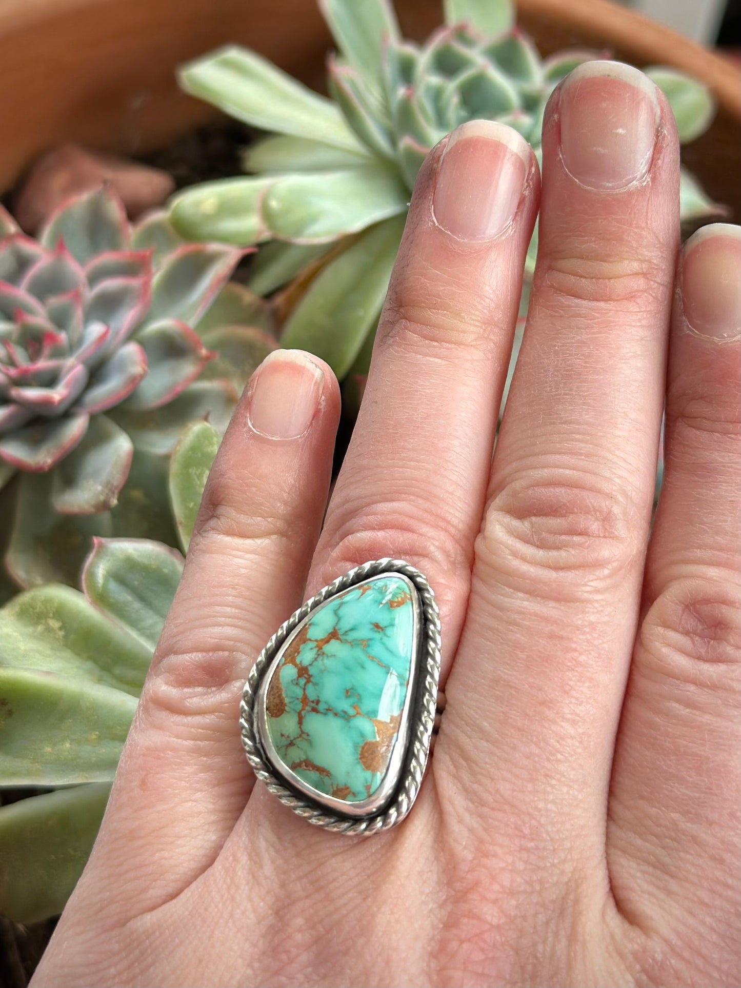 Royston Turquoise Twist Ring in size 7