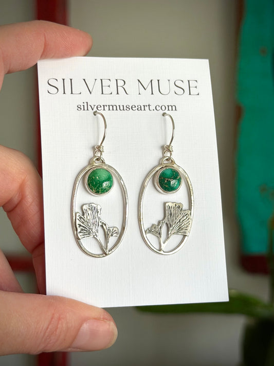 Emerald Valley Turquoise Ginkgo Hoop Dangle Earrings Green